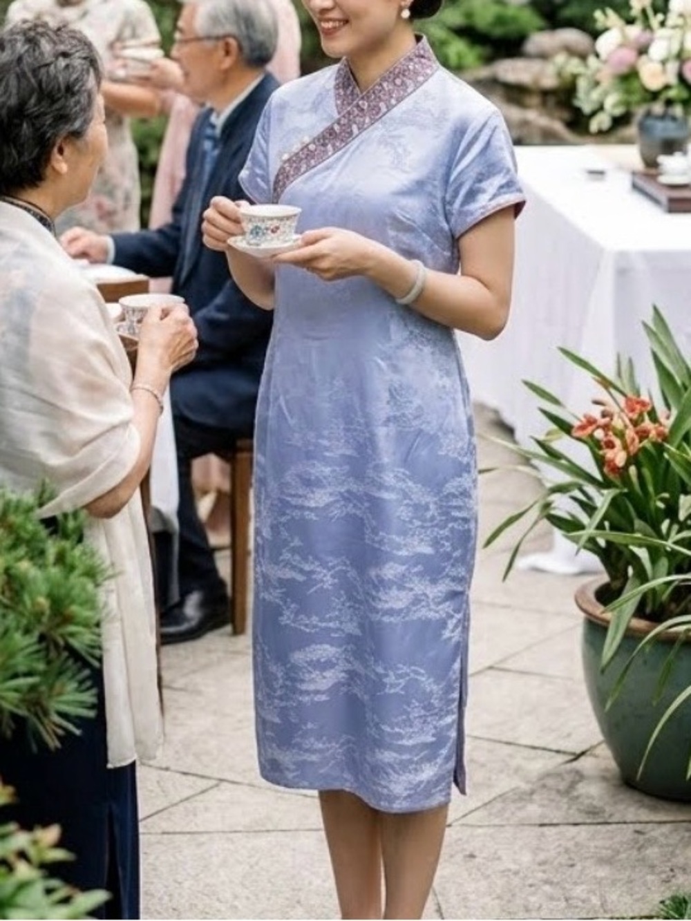 Light Blue Satin Cheongsam-Inspired Dress (Qipoa)